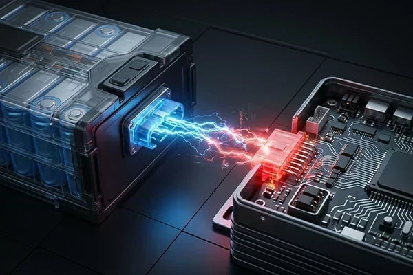 Highly detailed 3D technical visualization of a 52V lithium battery connecting to a 72V ebike controller, showing voltage mismatch with contrasting red and blue electrical flow effects.