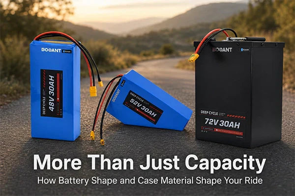 Three BOOANT ebike battery types side by side: rectangular PVC pack, triangle PVC pack, and metal case battery on a blurred outdoor cycling background