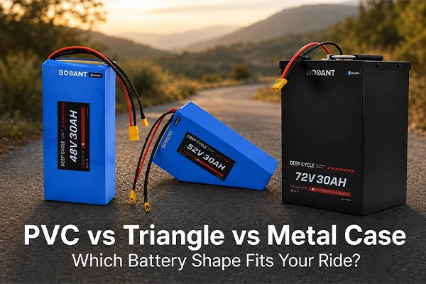 Three BOOANT ebike battery types side by side: rectangular PVC pack, triangle PVC pack, and metal case battery on a blurred outdoor cycling background