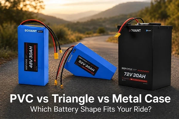 Three BOOANT ebike battery types side by side: rectangular PVC pack, triangle PVC pack, and metal case battery on a blurred outdoor cycling background