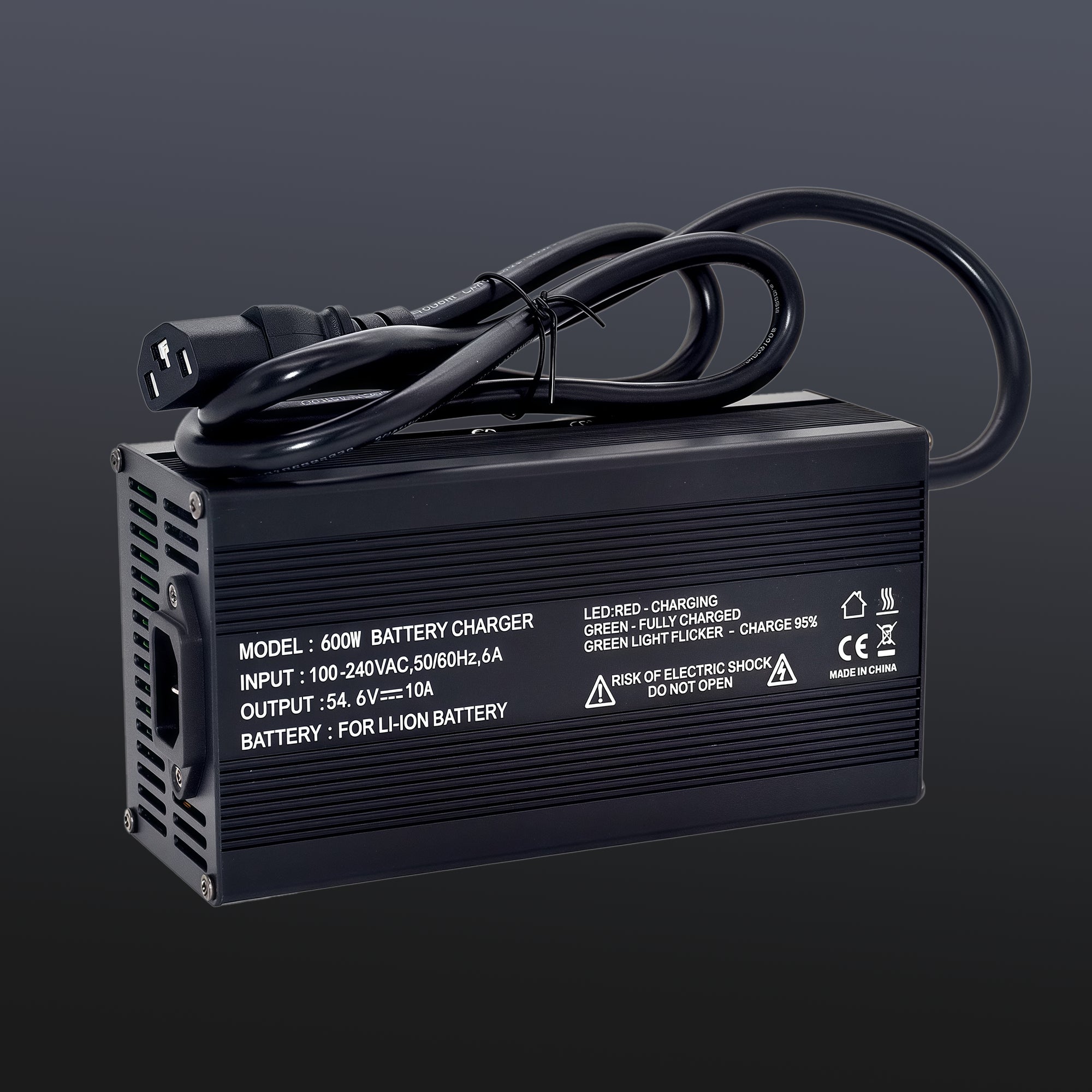 600W 54.6V 10A Lithium-ion Battery Charger - Universal 100-240V Input with LED Status Indicators and Safety Warning