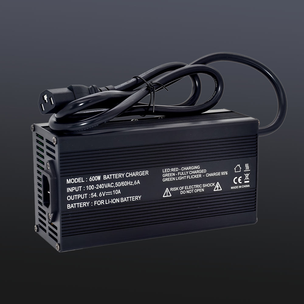 600W 54.6V 10A Lithium-ion Battery Charger - Universal 100-240V Input with LED Status Indicators and Safety Warning