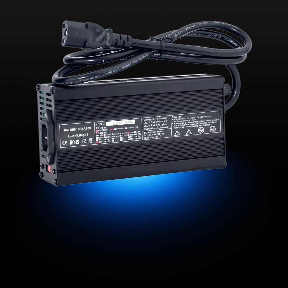 BOOANT 42V 10A lithium battery charger for the 36V 60Ah metal case lithium battery pack, featuring a high-power smart charger with cooling fan, IEC AC power cord, and fast, reliable charging for 36V lithium-ion batteries.