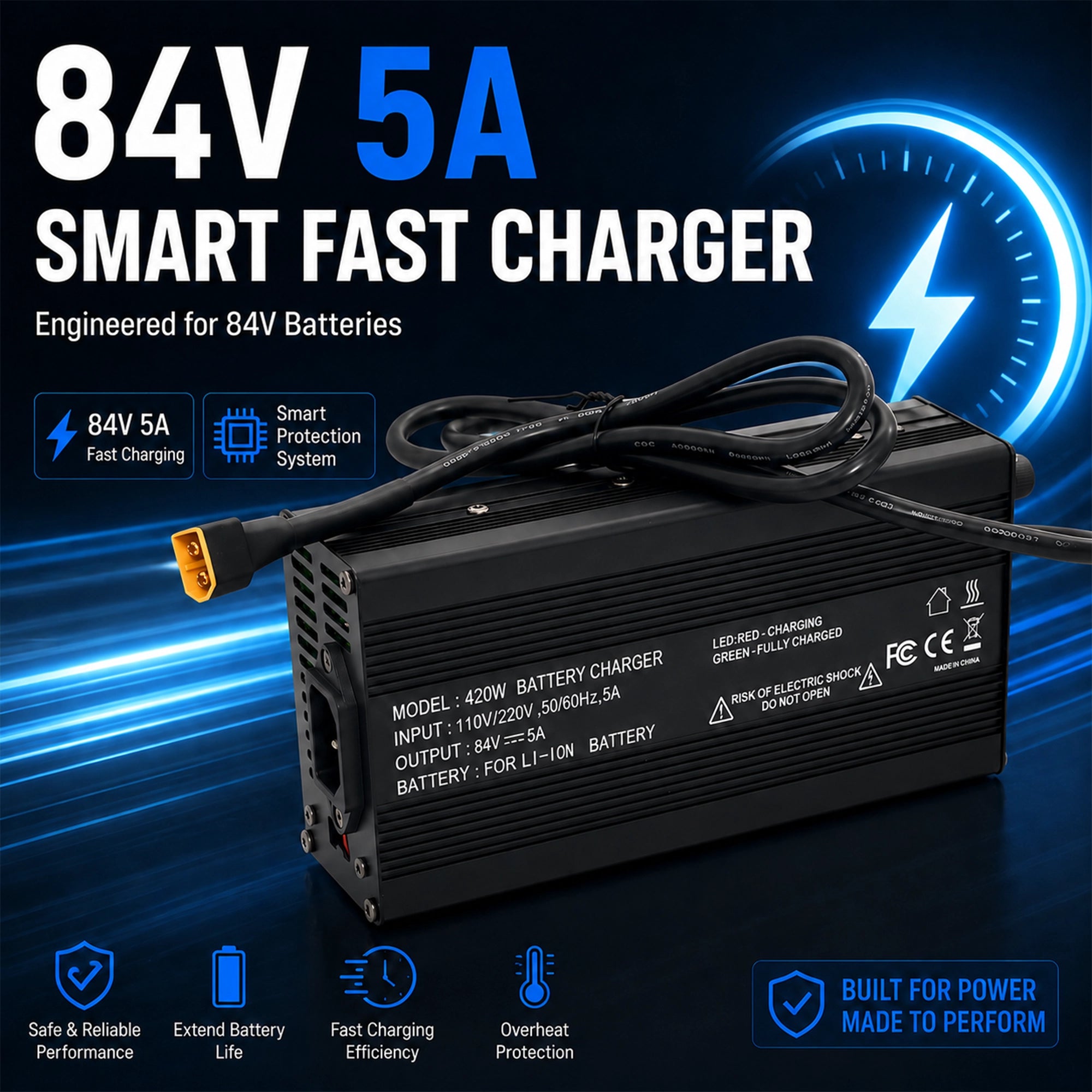 84V 5A smart fast charger for 72V lithium battery packs with intelligent protection, fast charging efficiency and overheat protection