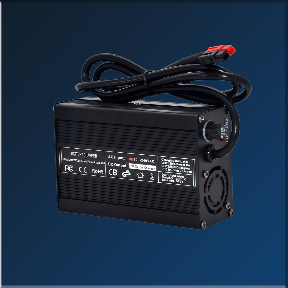 54.6V 5A smart charger for 48V eBike batteries with cooling fan and intelligent charging protection