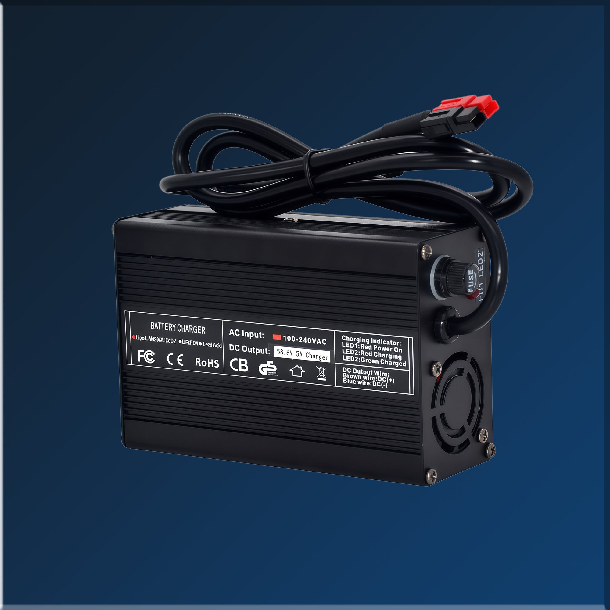 54.6V 5A smart charger for 48V eBike batteries with cooling fan and intelligent charging protection