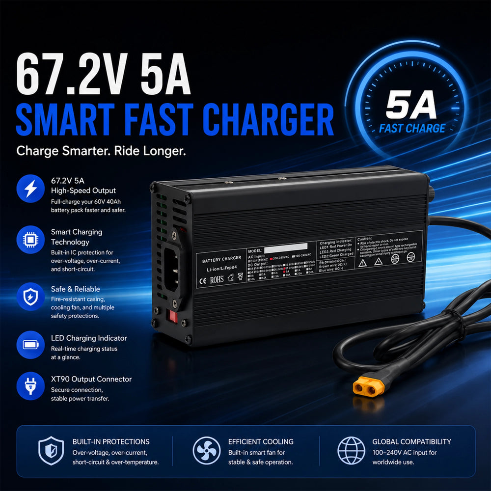 67.2V 5A smart fast charger with XT90 output connector for 60V lithium-ion battery pack. Heavy-duty aluminum casing featuring built-in cooling fan, LED charging indicator, 100-240V AC worldwide compatibility, and over-voltage protection.