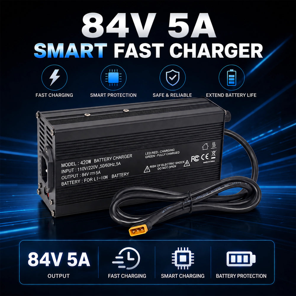 BOOANT 84V 5A Smart Fast Charger for 72V 30Ah Triangle Lithium Battery, Professional High-Current Li-ion Battery Charger with CE, FCC, GS Safety Certifications for High-Speed eBike Charging.