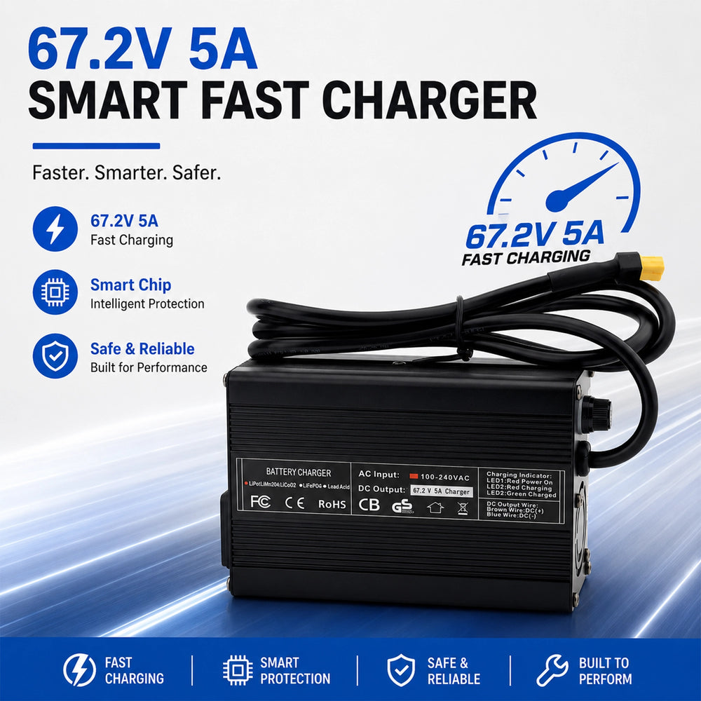 67.2V 5A smart fast charger for BOOANT 60V 30AH lithium battery packs with intelligent protection chip and reliable charging performance