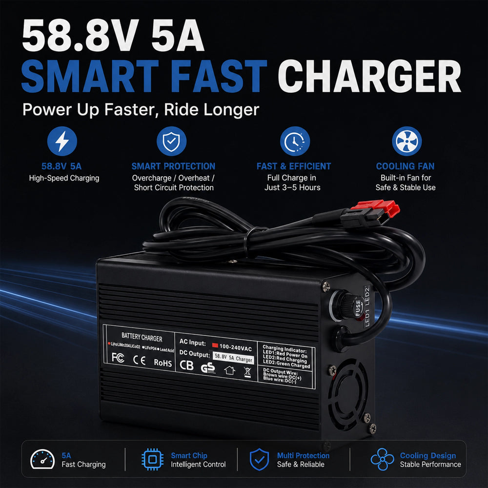 58.8V 5A smart fast charger for 52V lithium battery packs, featuring intelligent protection, cooling fan design, and efficient CC/CV charging technology.