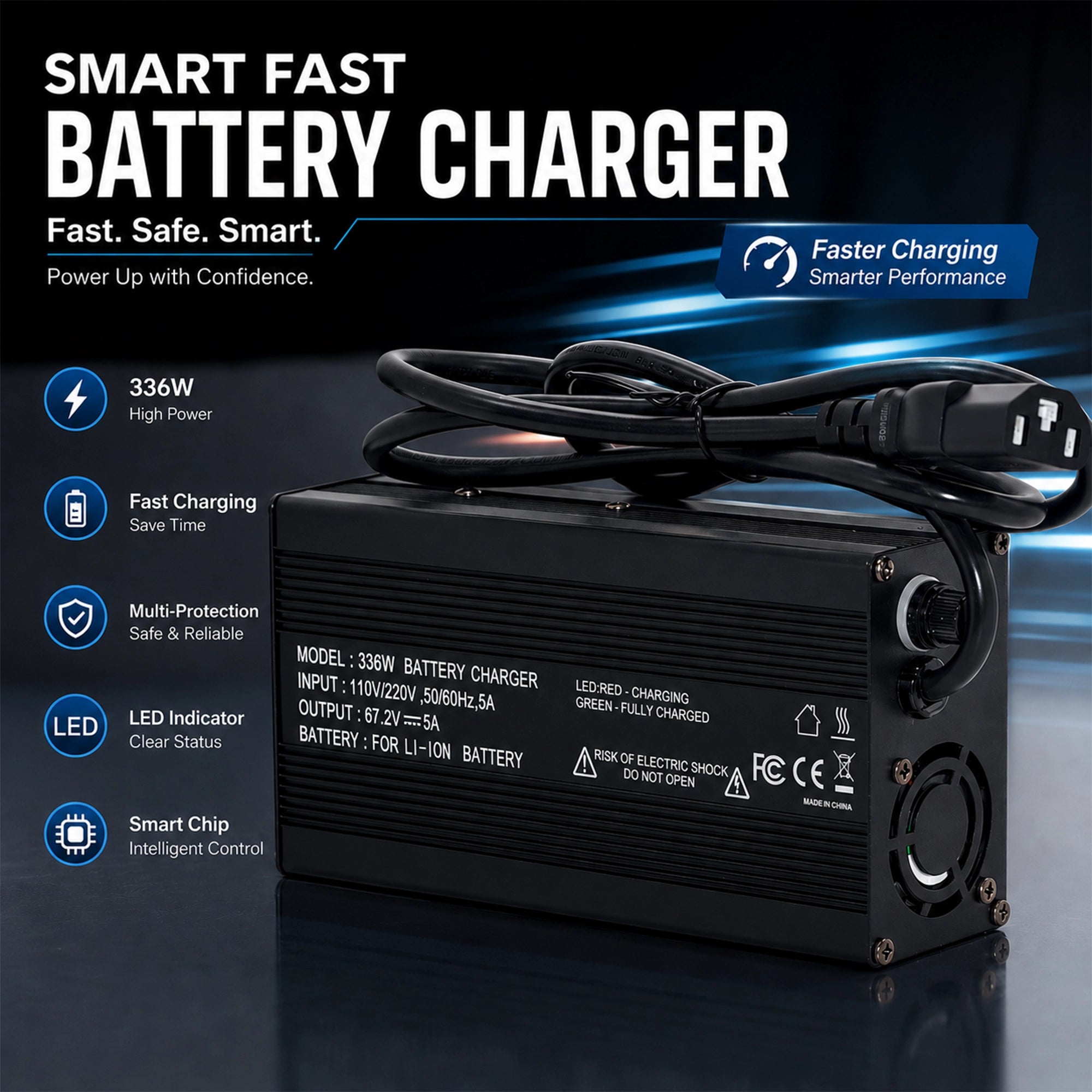 67.2V 5A smart battery charger with 336W output for BOOANT 60V lithium batteries