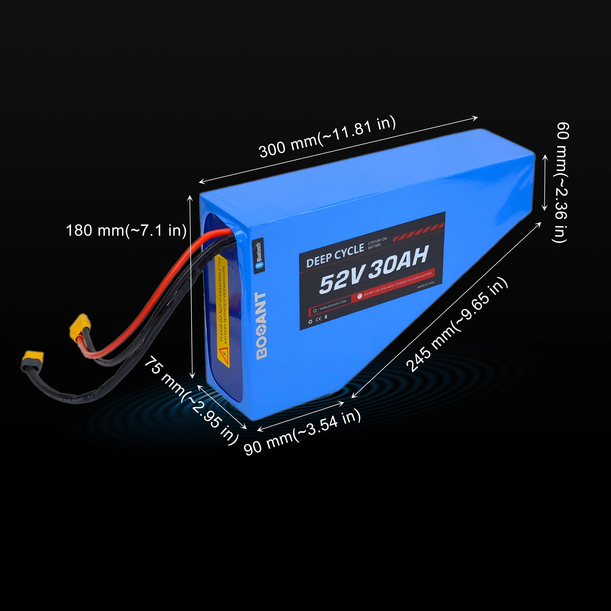 BOOANT 52V 30AH triangular Li-ion battery dimension diagram