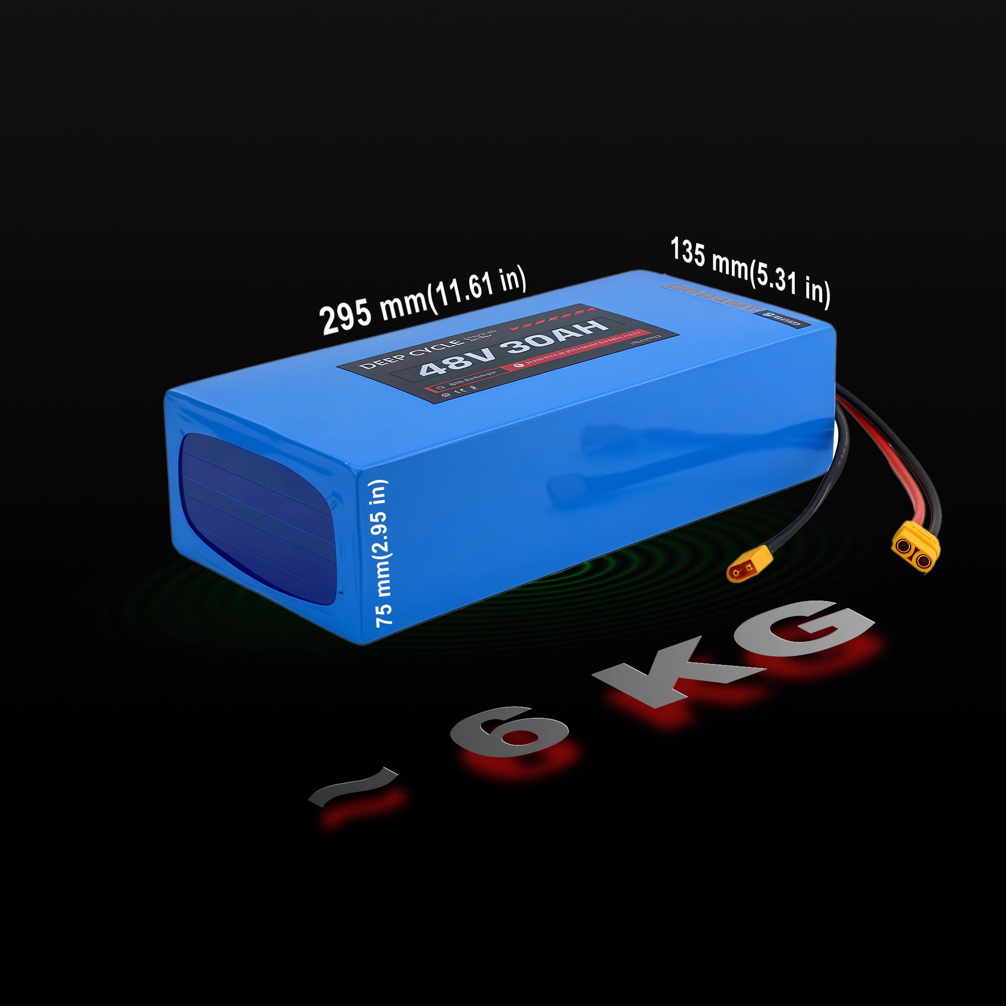 BOOANT 48V 30Ah eBike Battery Dimensions and Weight: 295mm (11.61in) x 135mm (5.31in) x 75mm (2.95in), Weighs approximately 6KG.