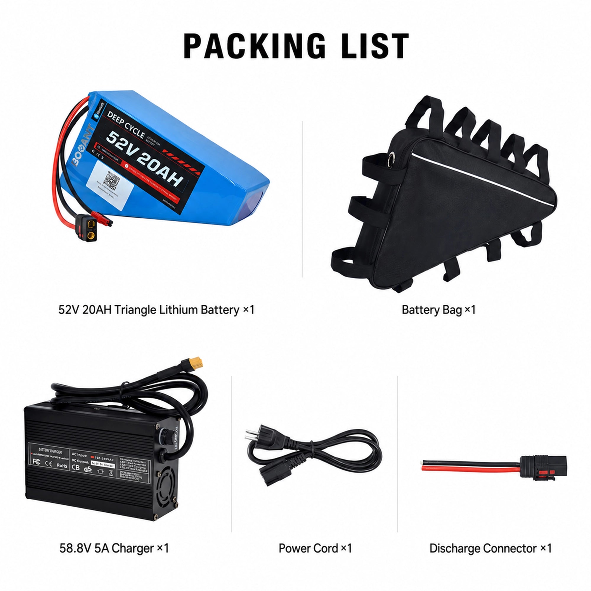 BOOANT 52V 20Ah triangle battery package contents including a lithium battery pack, triangle frame bag, 58.8V 5A smart charger, AC power cord, and discharge connector.