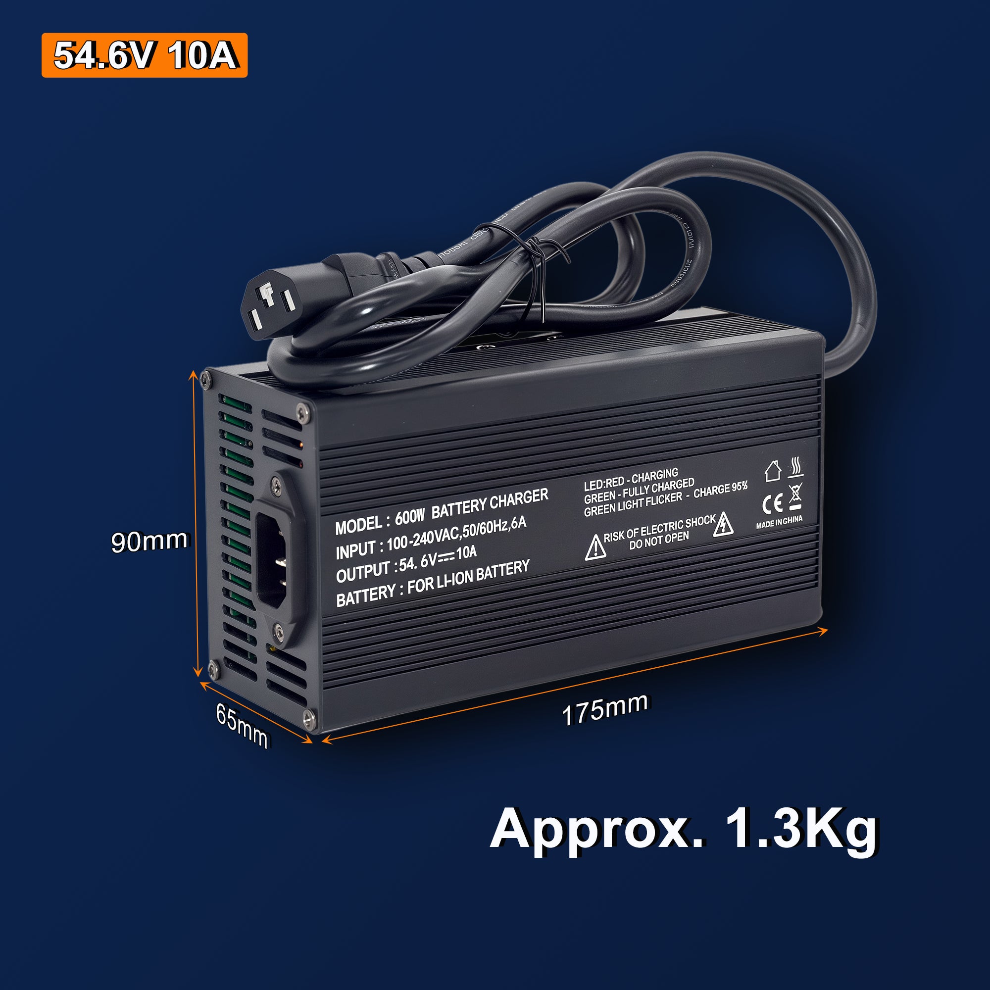 54.6V 5A Smart Lithium Battery Charger for 13S 48V Packs - Metal Housing, Cooling Fan, Dual LED Indicators & Global Plug Options