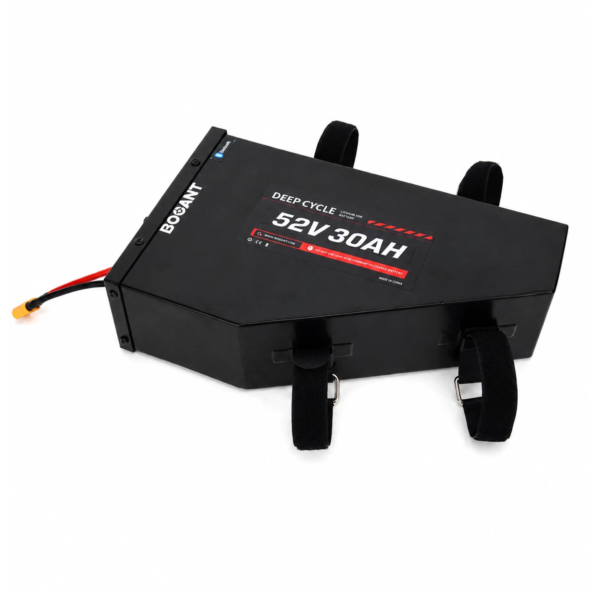 BOOANT 52V 30Ah metal case triangle ebike battery pack with adjustable frame mounting straps, rugged aluminum housing, XT60 connector, and high-capacity lithium-ion battery for custom electric bike builds.