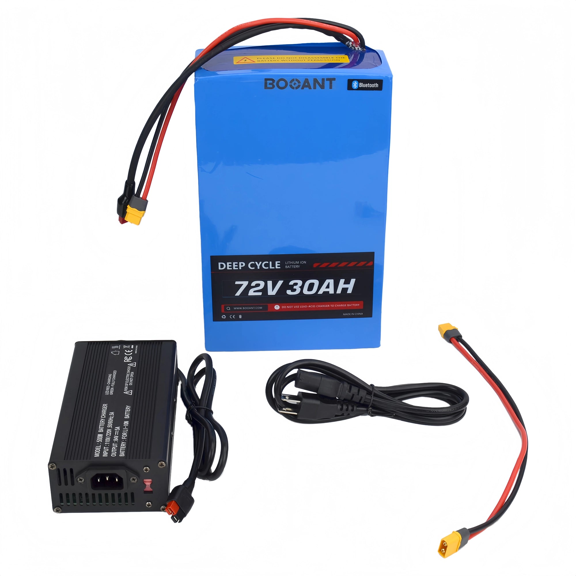 Complete 72V 30Ah lithium battery kit including battery pack, 84V 5A smart charger, AC power cable and XT90 adapter cable