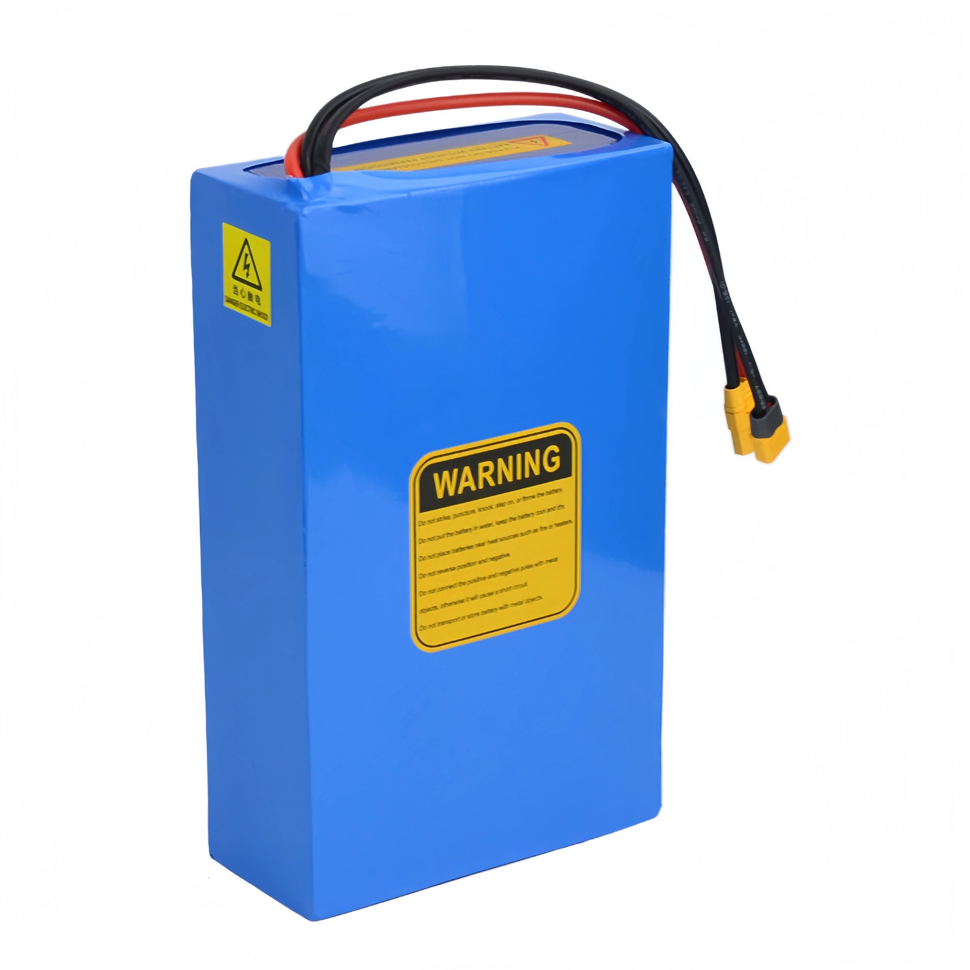 Rear view of BOOANT 60V 30Ah lithium battery pack with XT90 connector and protective warning label