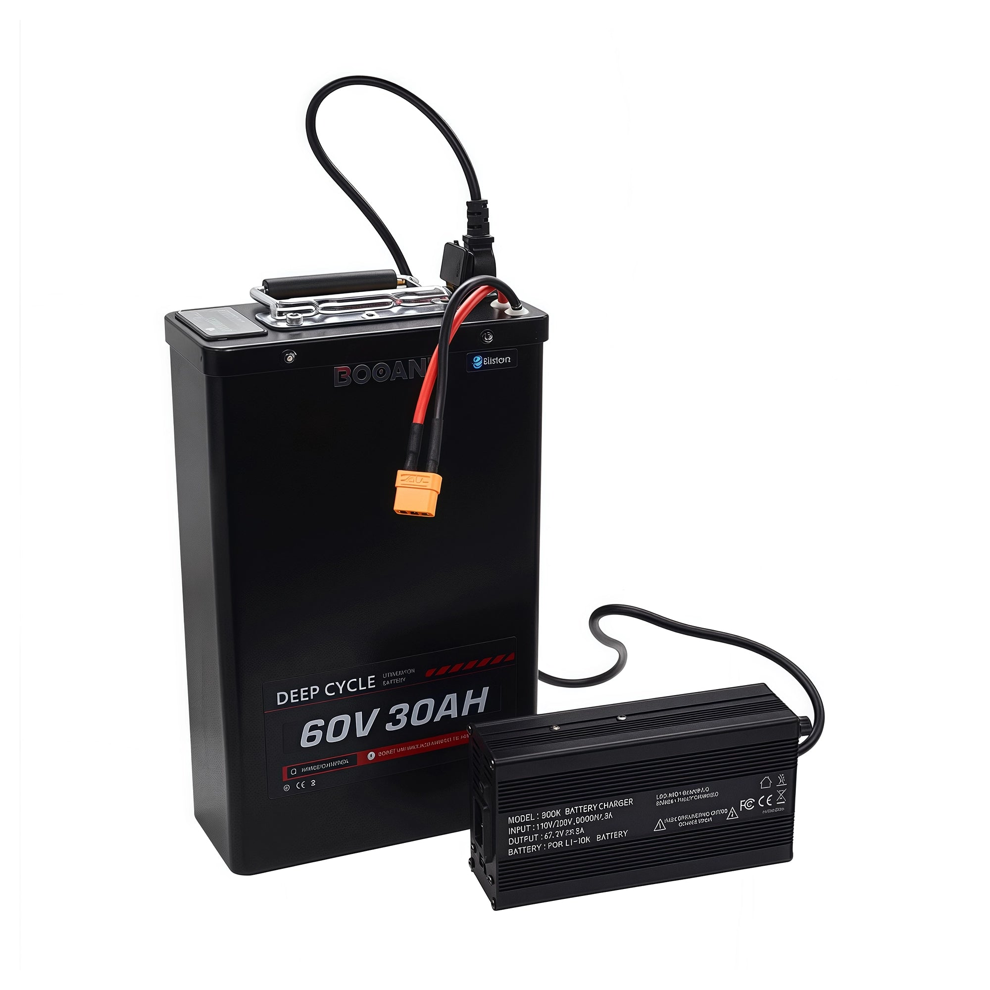 BOOANT 60V 30Ah lithium battery connected to a 67.2V fast charger
