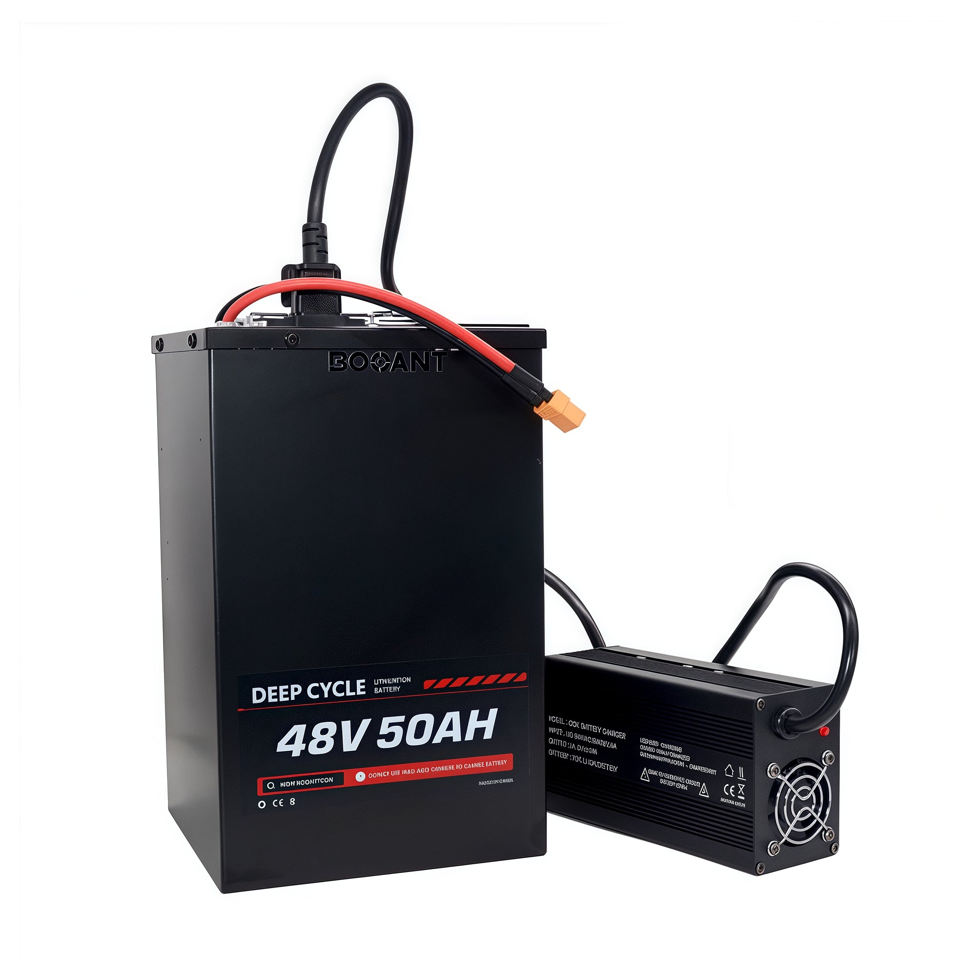 48V 50Ah lithium battery connected to compatible charger showing charging status indicators and secure connection interface