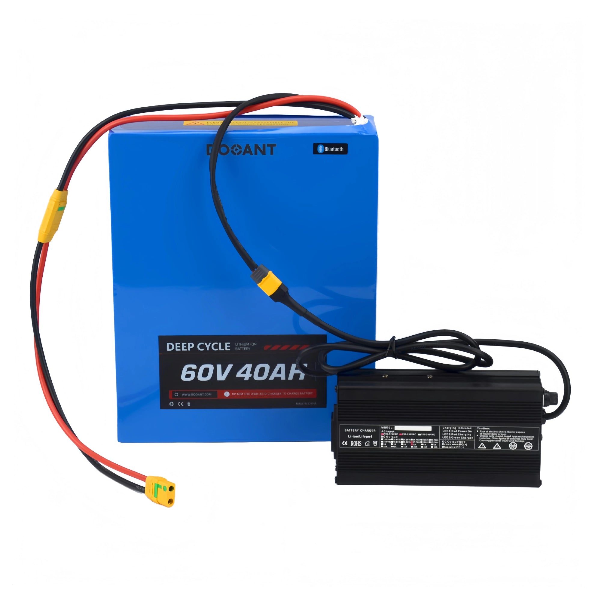 BOOANT 60V 40Ah lithium-ion battery pack bundled with a matching smart fast charger, featuring standard 10AWG cables and high-current XT90 connectors on a white background.