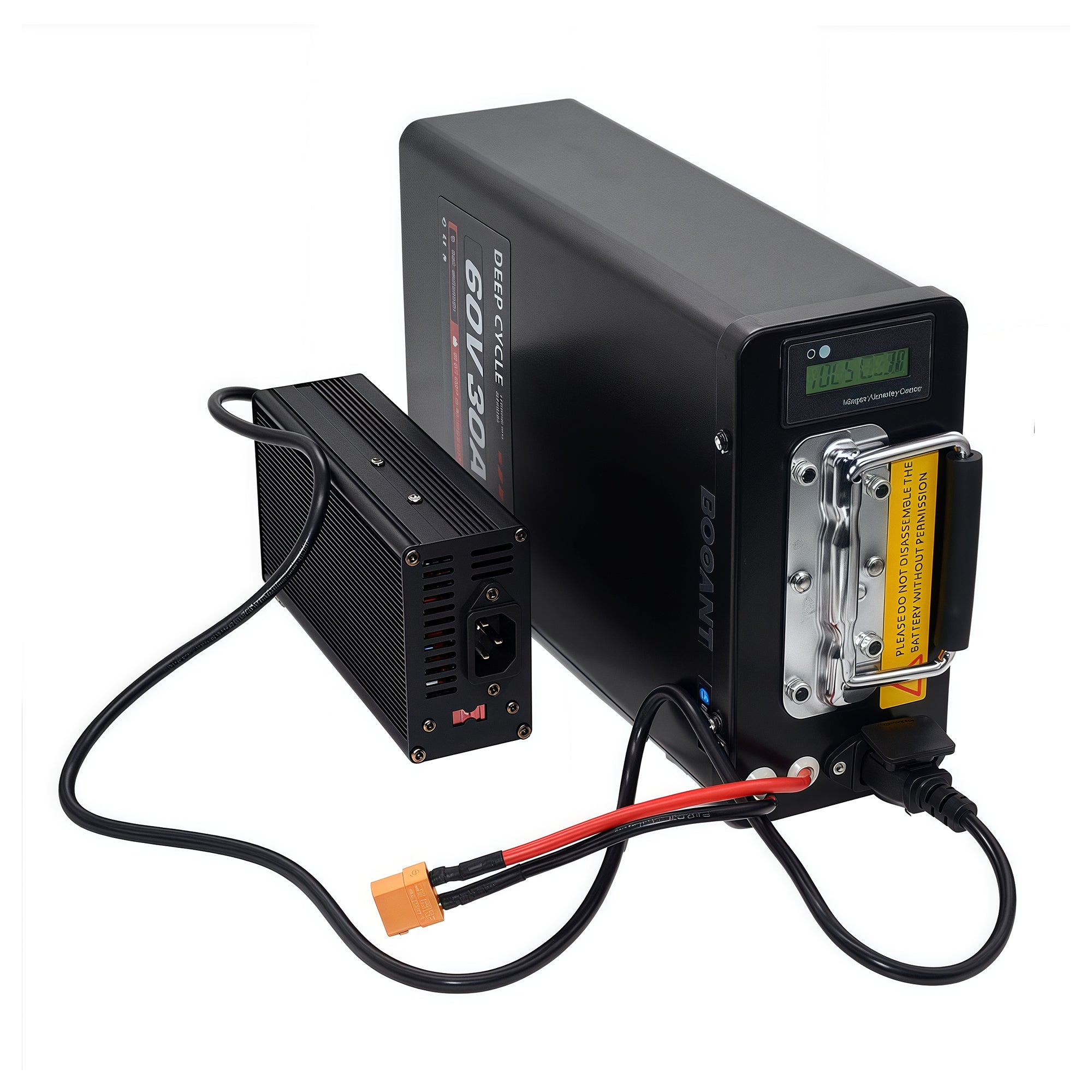 BOOANT 60V 30Ah lithium battery connected to smart charger showing charging status