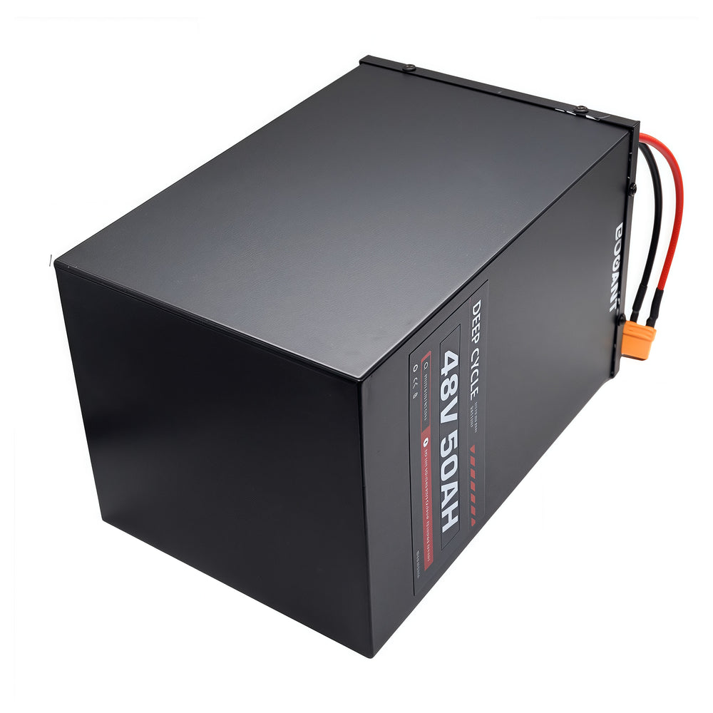 48V 50Ah lithium battery lying horizontally showcasing durable metal casing and structural design