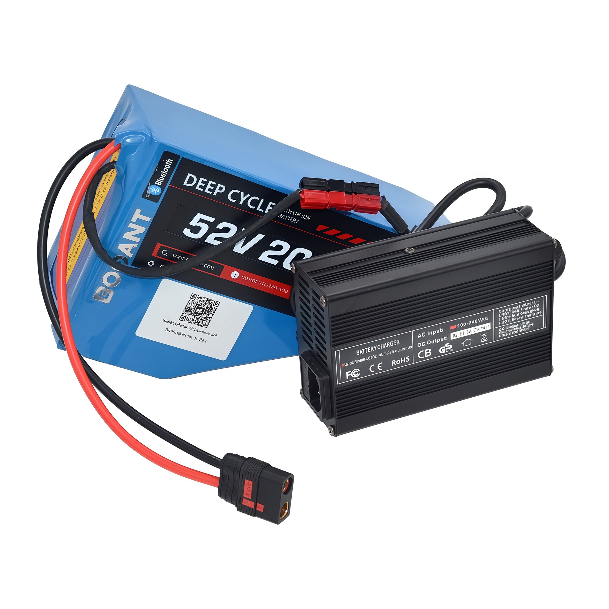 BOOANT 52V 20Ah triangle lithium battery connected to a 58.8V 5A smart charger, demonstrating safe and efficient charging for eBike battery systems.
