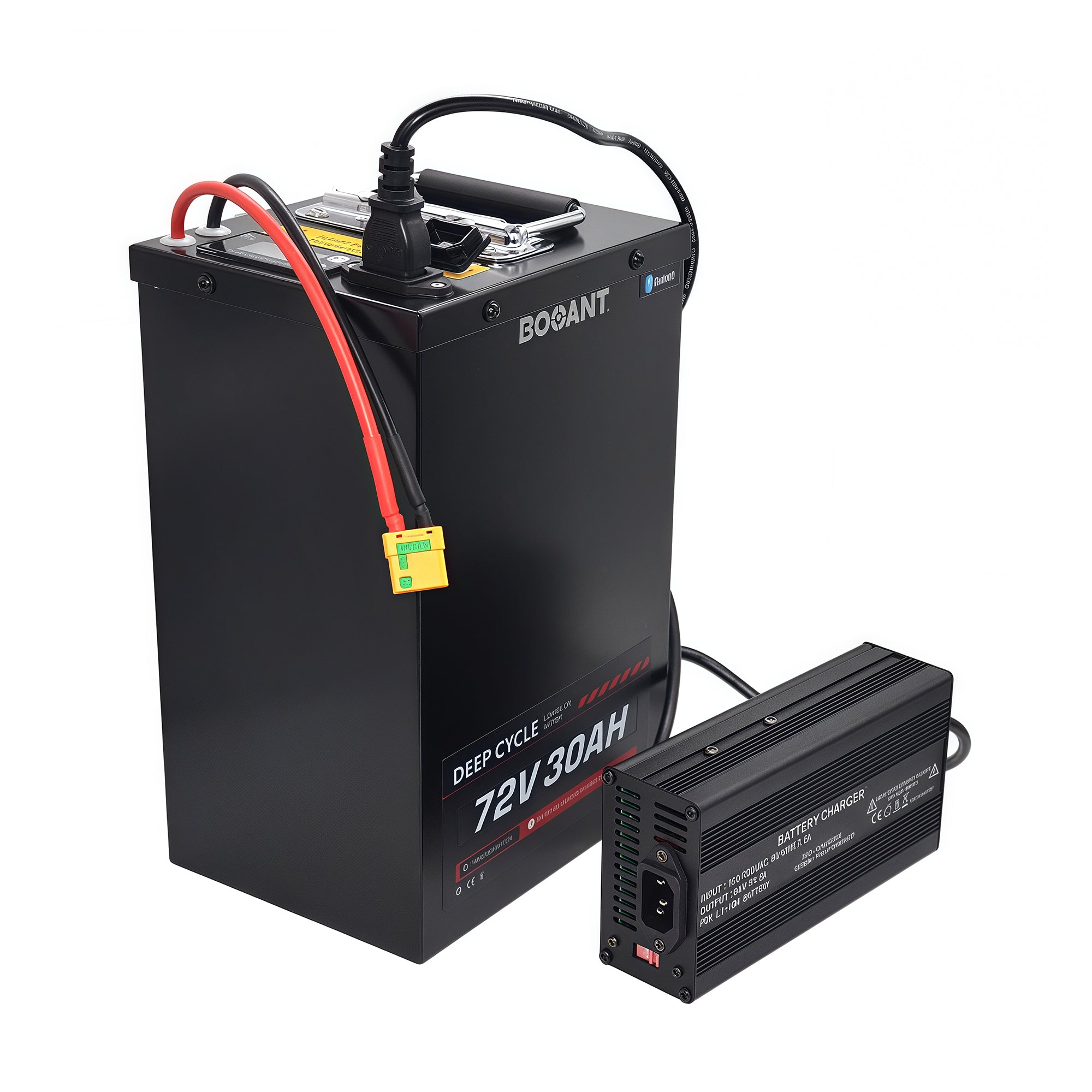 BOOANT 72V 30Ah lithium battery connected to an 84V 5A charger, showing the complete charging setup for electric motorcycle and e-bike batteries