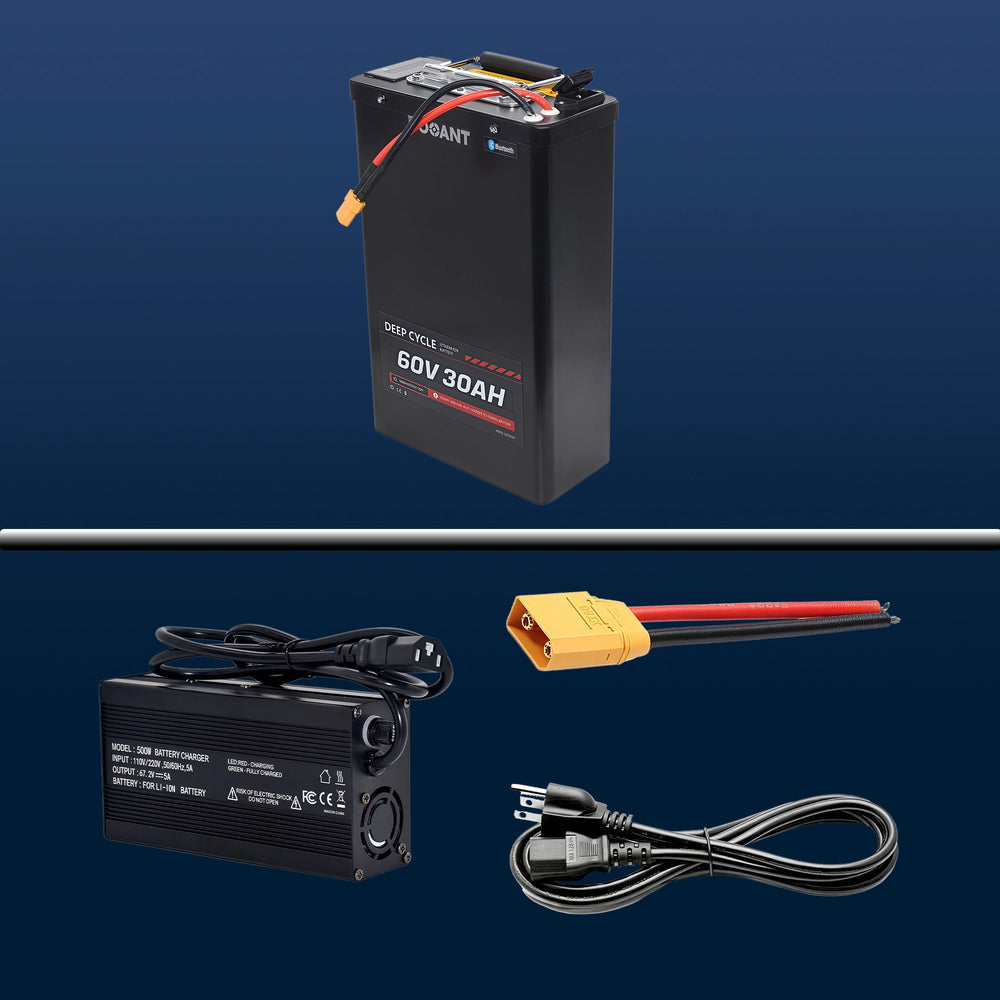 BOOANT 60V 30Ah lithium battery kit including 67.2V charger, XT90 connector and AC power cable