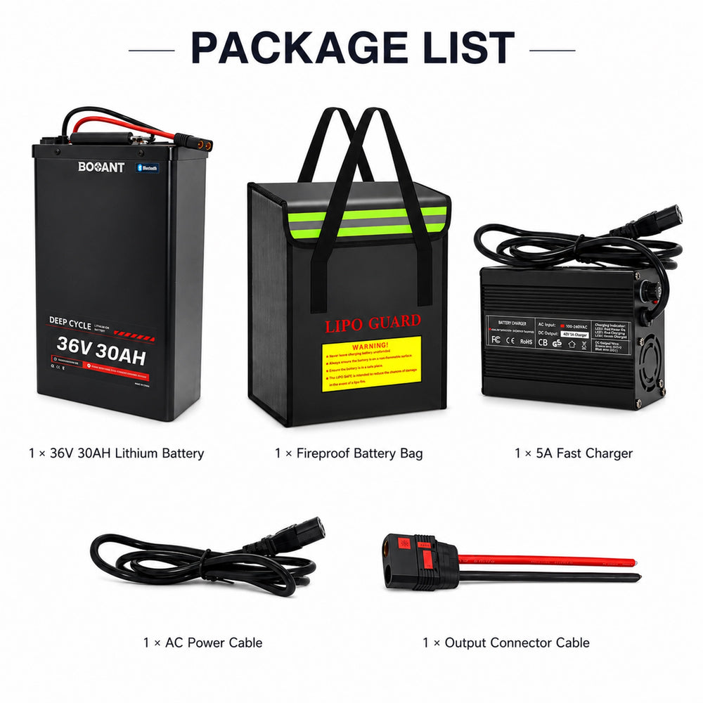 BOOANT 36V 30Ah lithium battery package includes fireproof battery bag, 5A fast charger, AC power cable and output connector cable