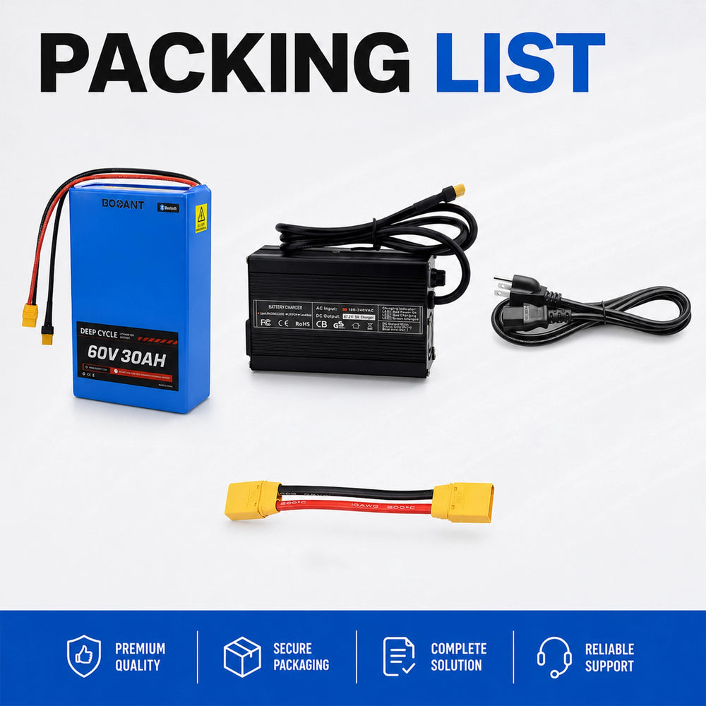 BOOANT 60V 30Ah lithium battery package includes battery pack, 67.2V 5A smart charger, power cord, and XT90 connector adapter