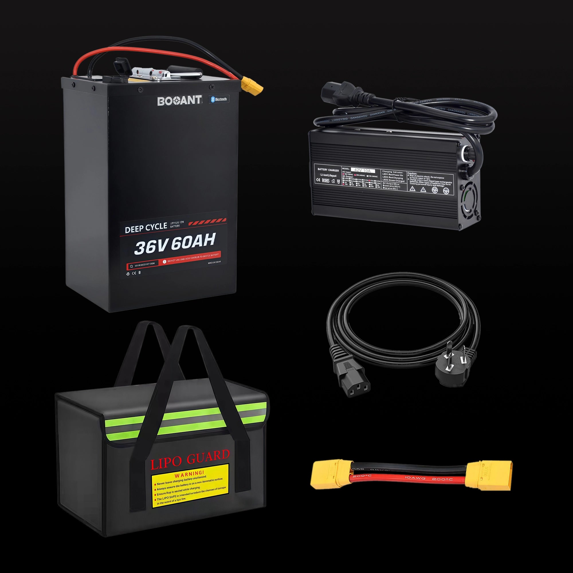 BOOANT 36V 60Ah metal case lithium battery kit including a lithium-ion battery pack, 42V 10A smart charger, AC power cord, XT60 adapter cable, and LiPo safe storage bag for electric bikes, scooters, tricycles, and custom 36V applications.