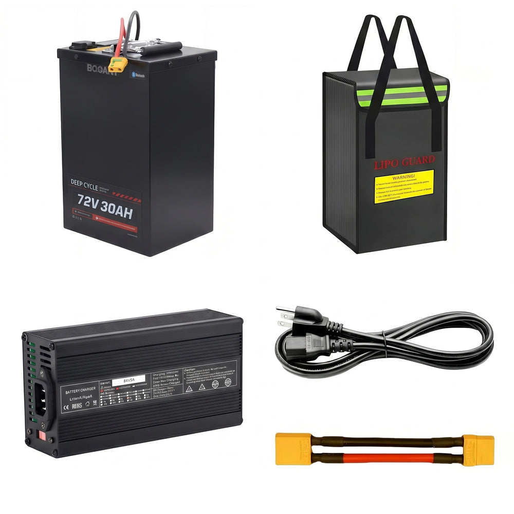 BOOANT 72V 30Ah lithium battery kit including an 84V 5A charger, fireproof LiPo battery bag, AC power cord, and XT90 extension cable
