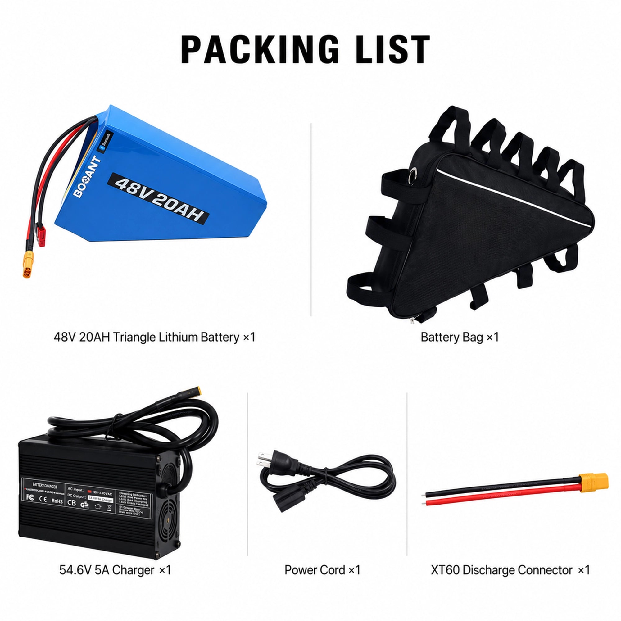 BOOANT 48V 20Ah triangle battery kit packing list with charger, battery bag, power cord and XT60 connector