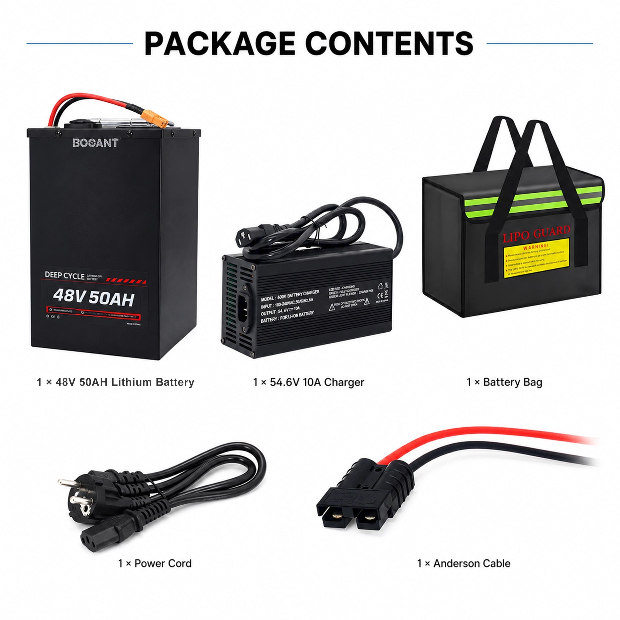 BOOANT 48V 50Ah lithium battery package contents including 54.6V 10A charger, protective battery bag, AC power cord and Anderson discharge cable