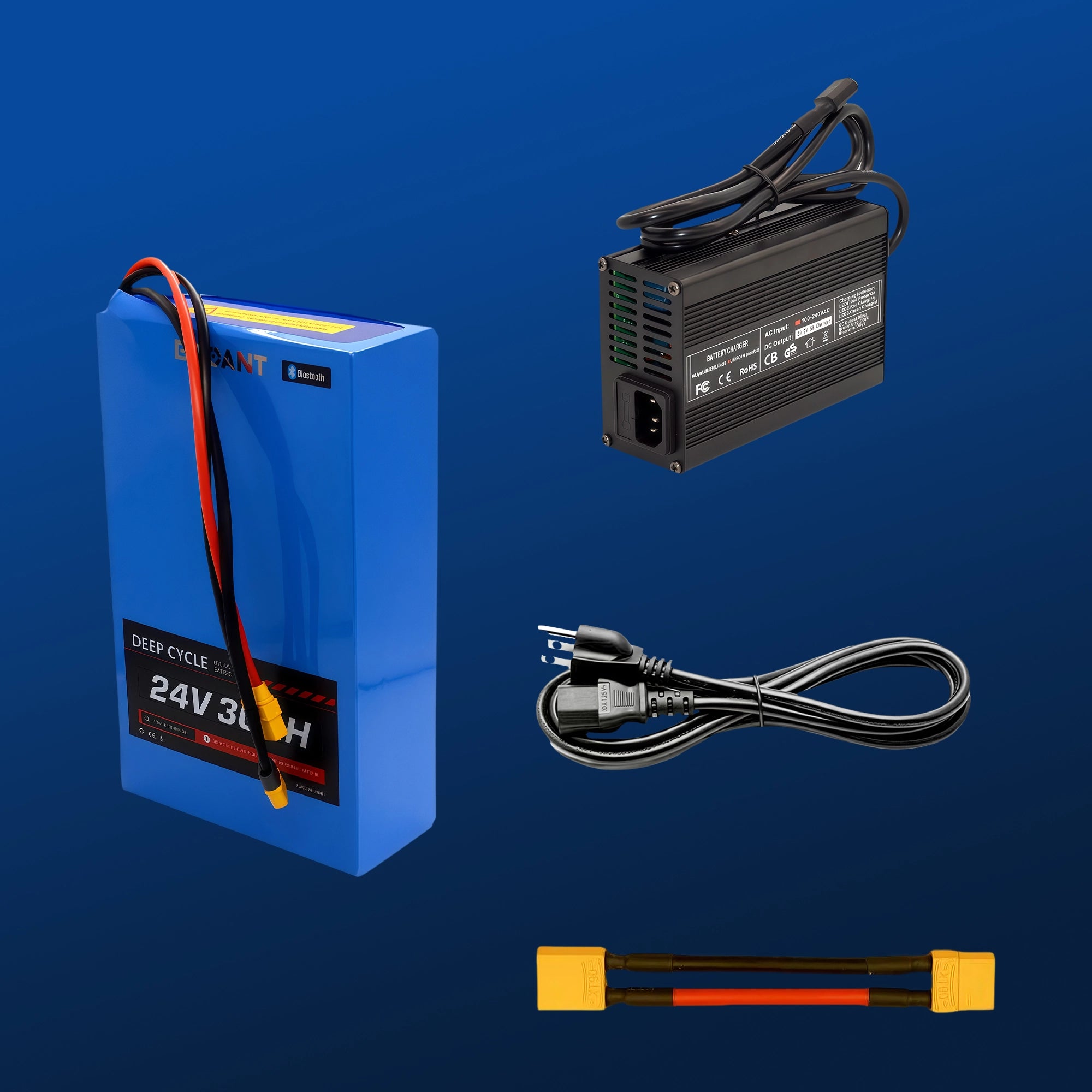 BOOANT 24V 30Ah LiFePO4 Battery Kit with Bluetooth BMS, 29.2V 5A Charger, AC Power Cable and XT90 Discharge Extension Cable