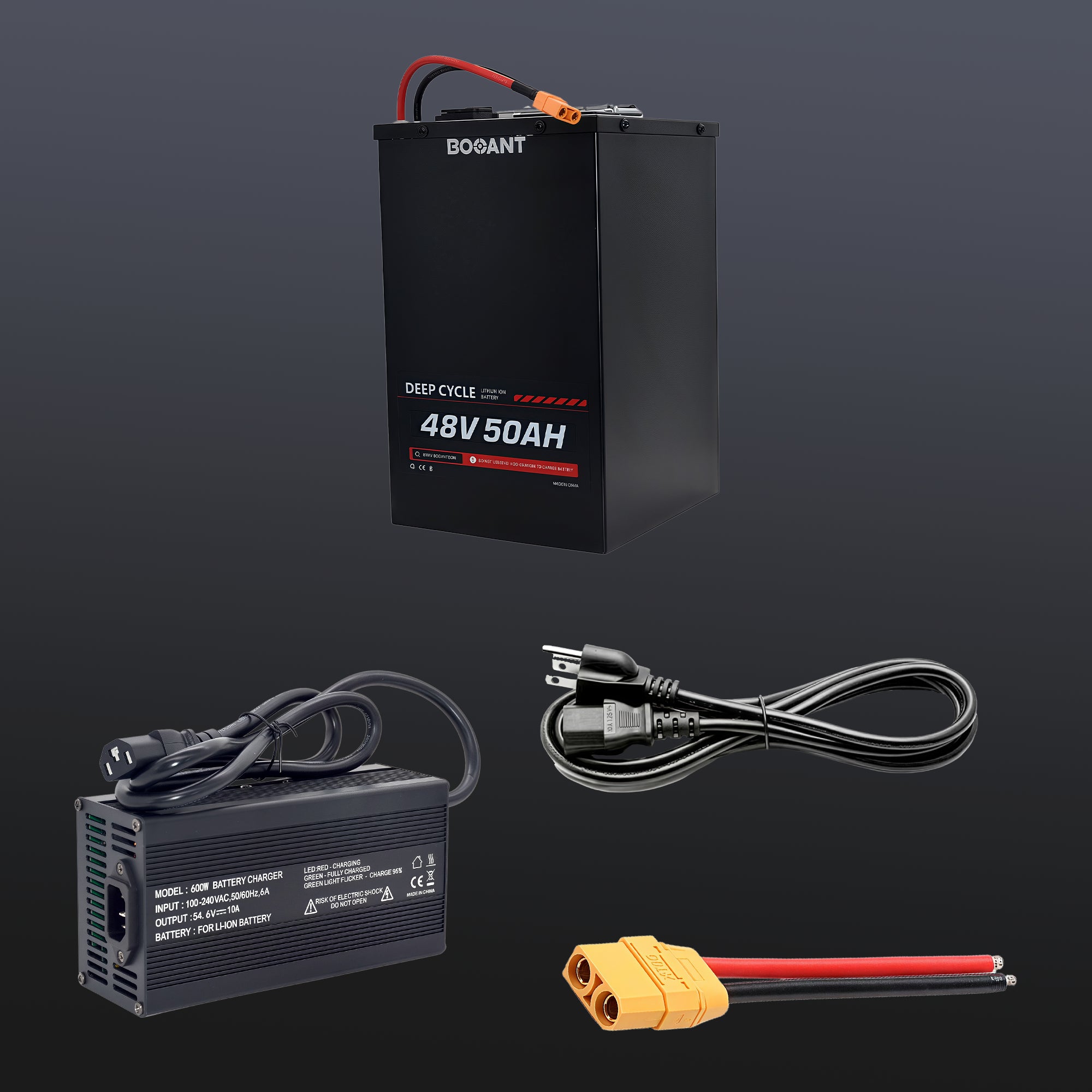 Complete packaging of 48V 50Ah lithium battery including battery unit, compatible charger, power cable, and discharge extension cable