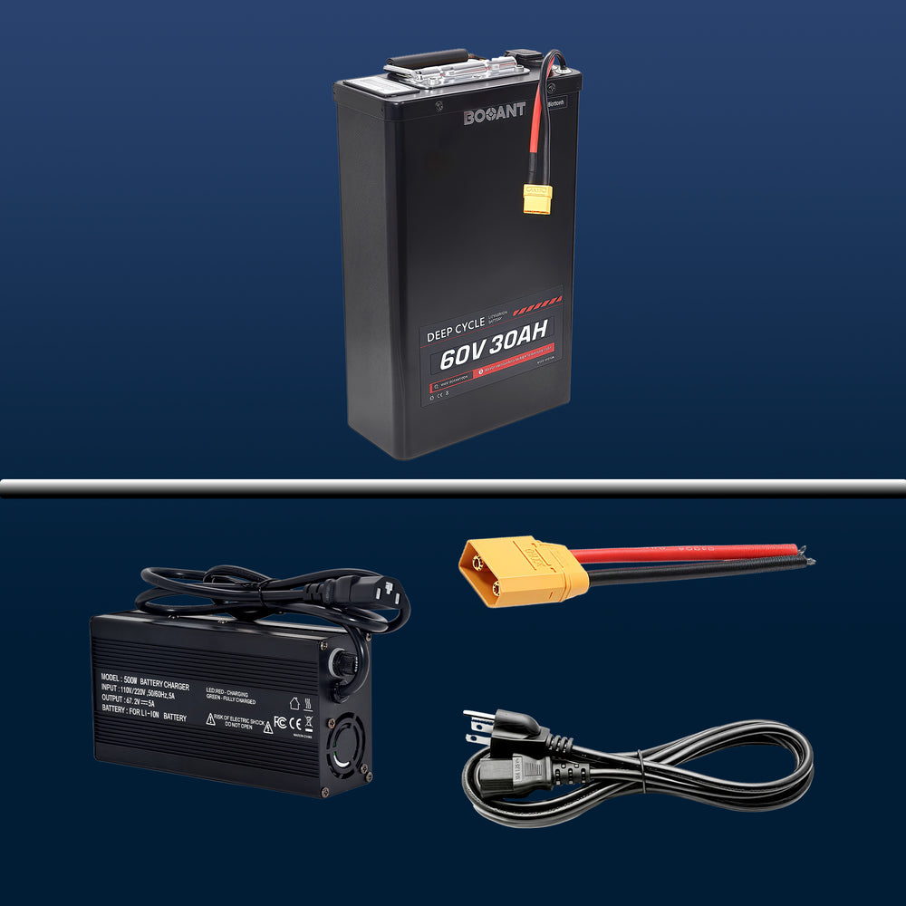 Complete package of BOOANT 60V 30Ah lithium battery including battery unit, smart charger, power cable, and discharge extension cable