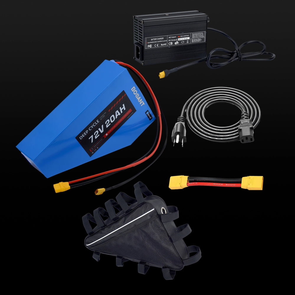 BOOANT 72V 20Ah Triangle E-bike Battery Package List: Includes Waterproof Frame Bag, 84V 5A Smart Fast Charger, Region-Specific AC Power Cord, and XT60/XT90 Discharge Extension Cable.