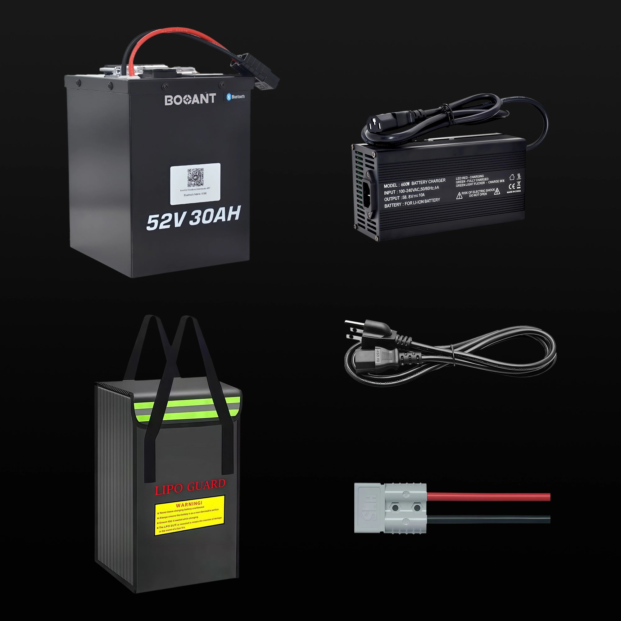 BOOANT 52V 30AH ebike battery package contents — includes battery unit, Lipo Guard fireproof safety bag, 58.8V 5A charger, 110V~240V power cord, and Anderson discharge extension cable.