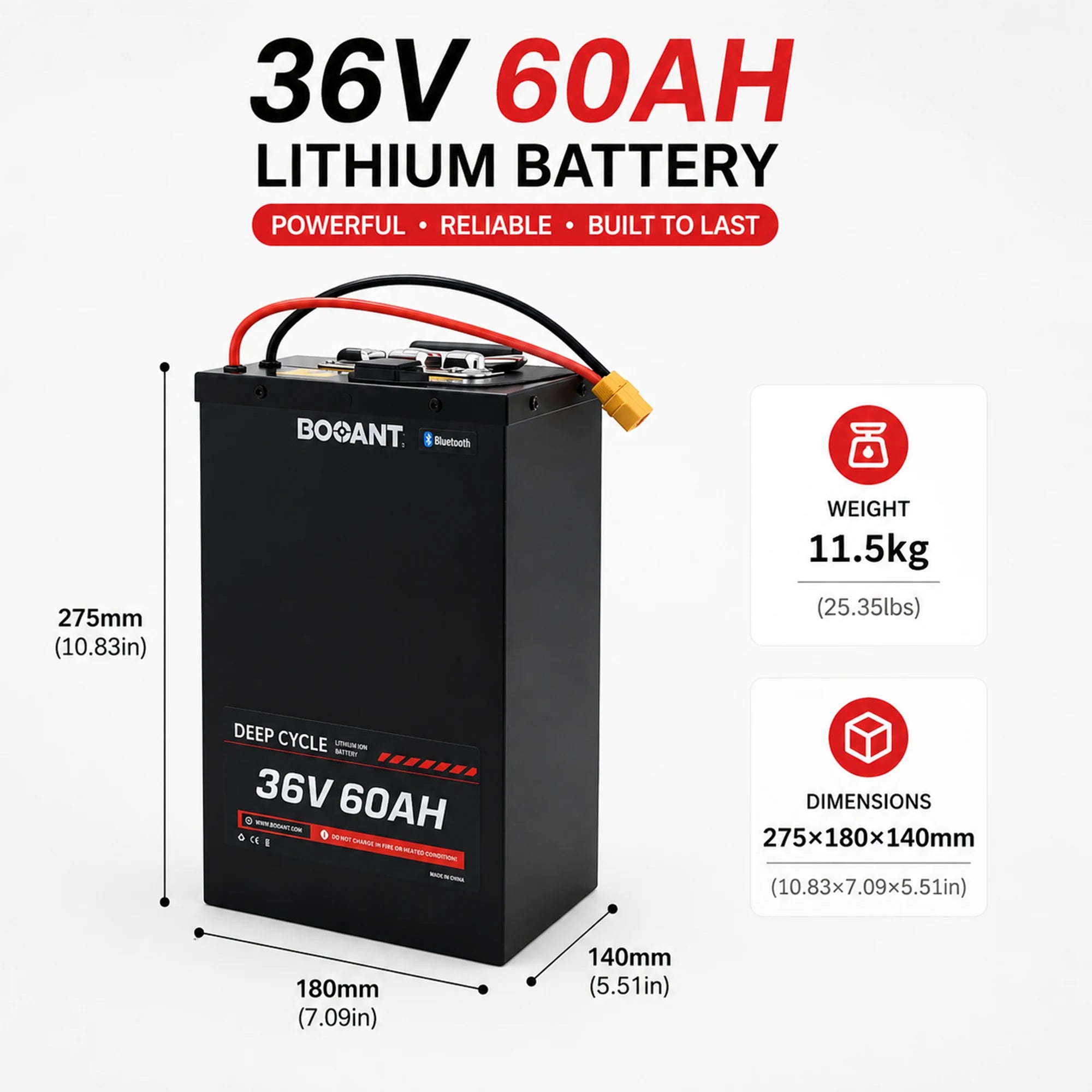 BOOANT 36V 60Ah metal case lithium battery pack dimensions and weight, measuring 275 × 180 × 140 mm and weighing 11.5 kg, featuring a rugged aluminum housing, Bluetooth BMS, and high-capacity lithium-ion battery for electric bikes, scooters, tricycles, and custom 36V applications.