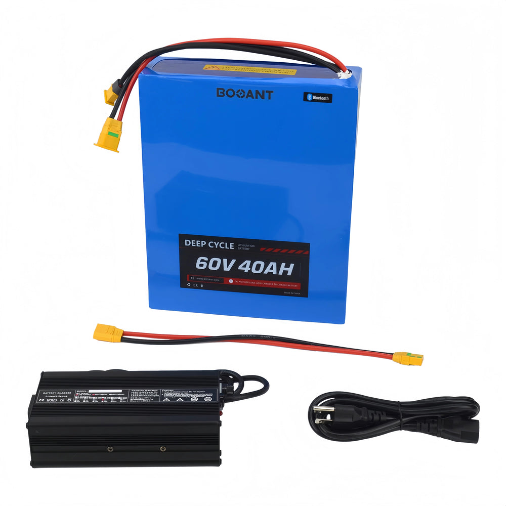 BOOANT 60V 40Ah lithium-ion battery complete kit including smart fast charger, US plug AC power cord, and an extra XT90 adapter extension cable on a white background.