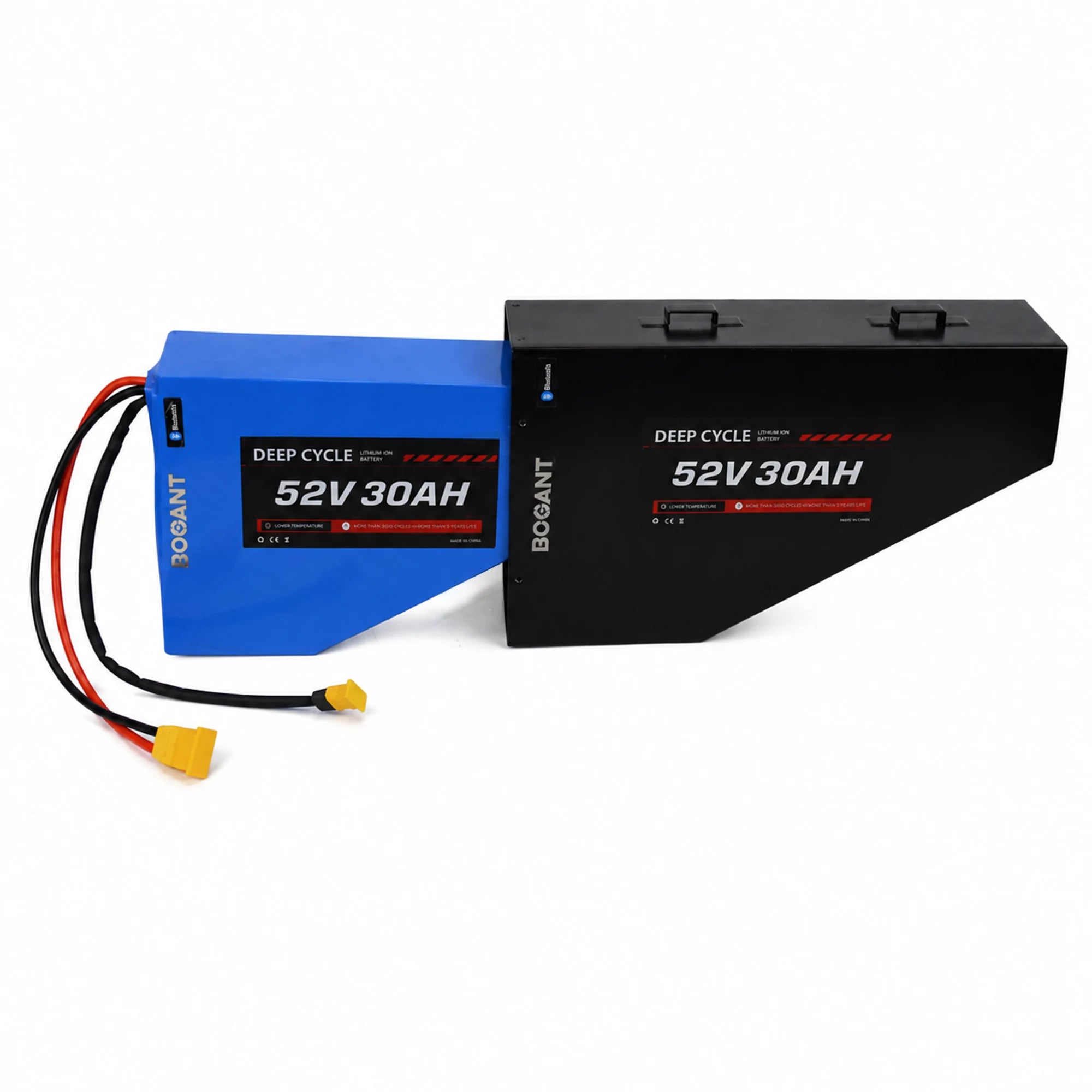 BOOANT 52V 30Ah triangle ebike battery pack comparison showing PVC soft case and rugged aluminum metal case versions with Samsung 21700 cells, XT60 connector, and custom lithium-ion battery options for electric bikes.