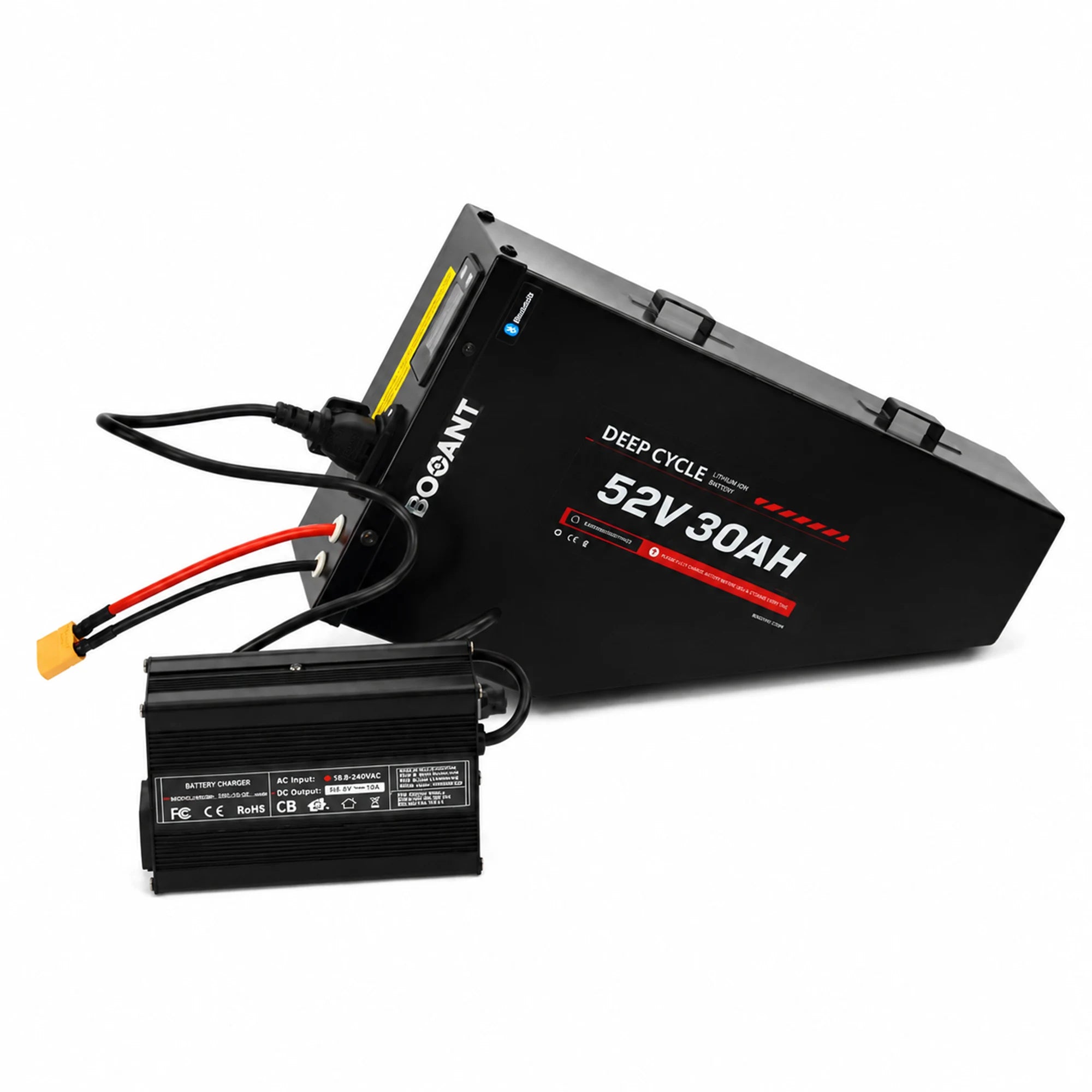 BOOANT 52V 30Ah metal case triangle ebike battery pack connected to a 58.8V 5A lithium battery charger, featuring a rugged aluminum housing, XT60 connector, and reliable charging solution for custom electric bikes.
