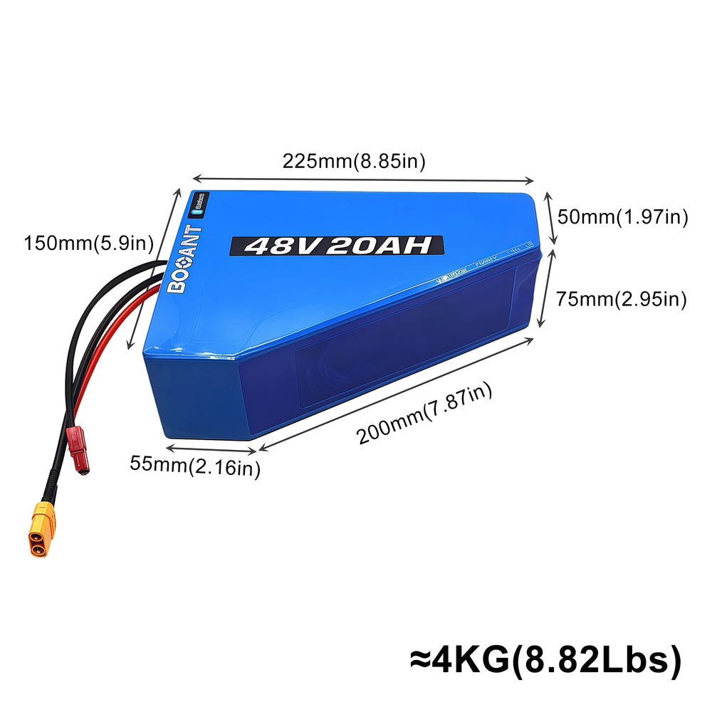 BOOANT 48V 20Ah triangle eBike battery dimensions 225 × 200 × 150 mm with approximate weight of 4 kg
