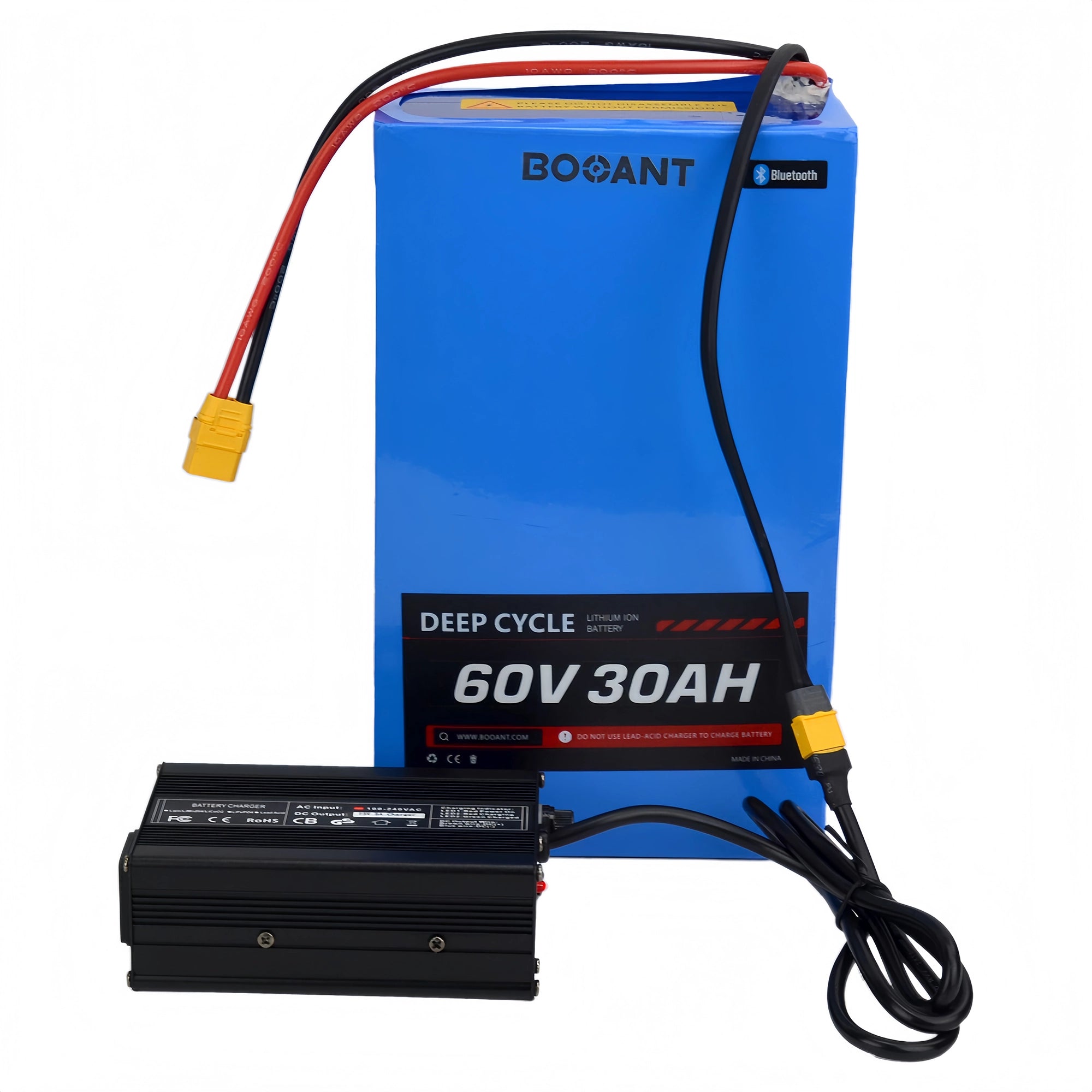 BOOANT 60V 30Ah lithium battery connected to a 67.2V 5A smart charger for safe and efficient charging
