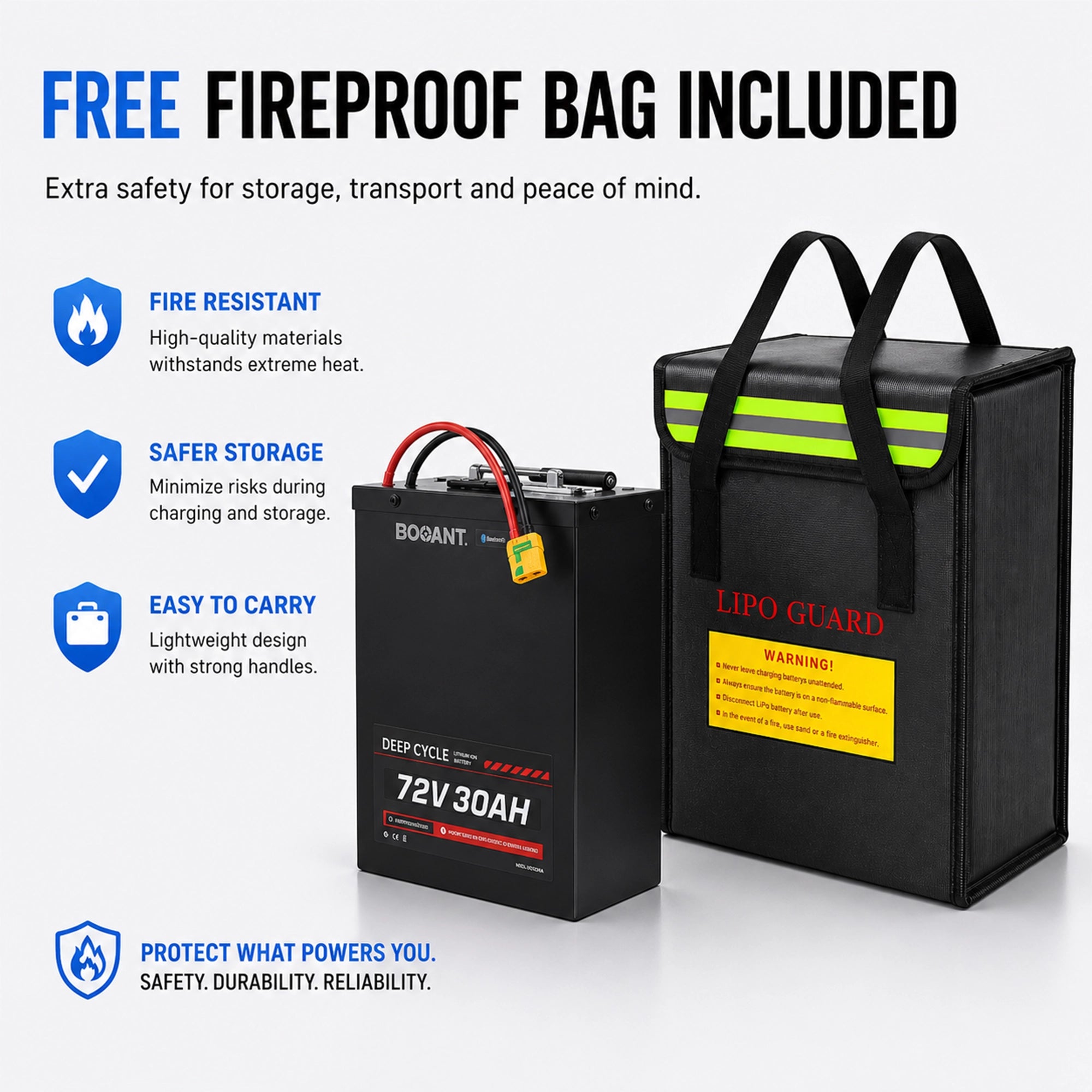 Fireproof LiPo battery storage bag included with BOOANT lithium battery purchases for added safety and protection