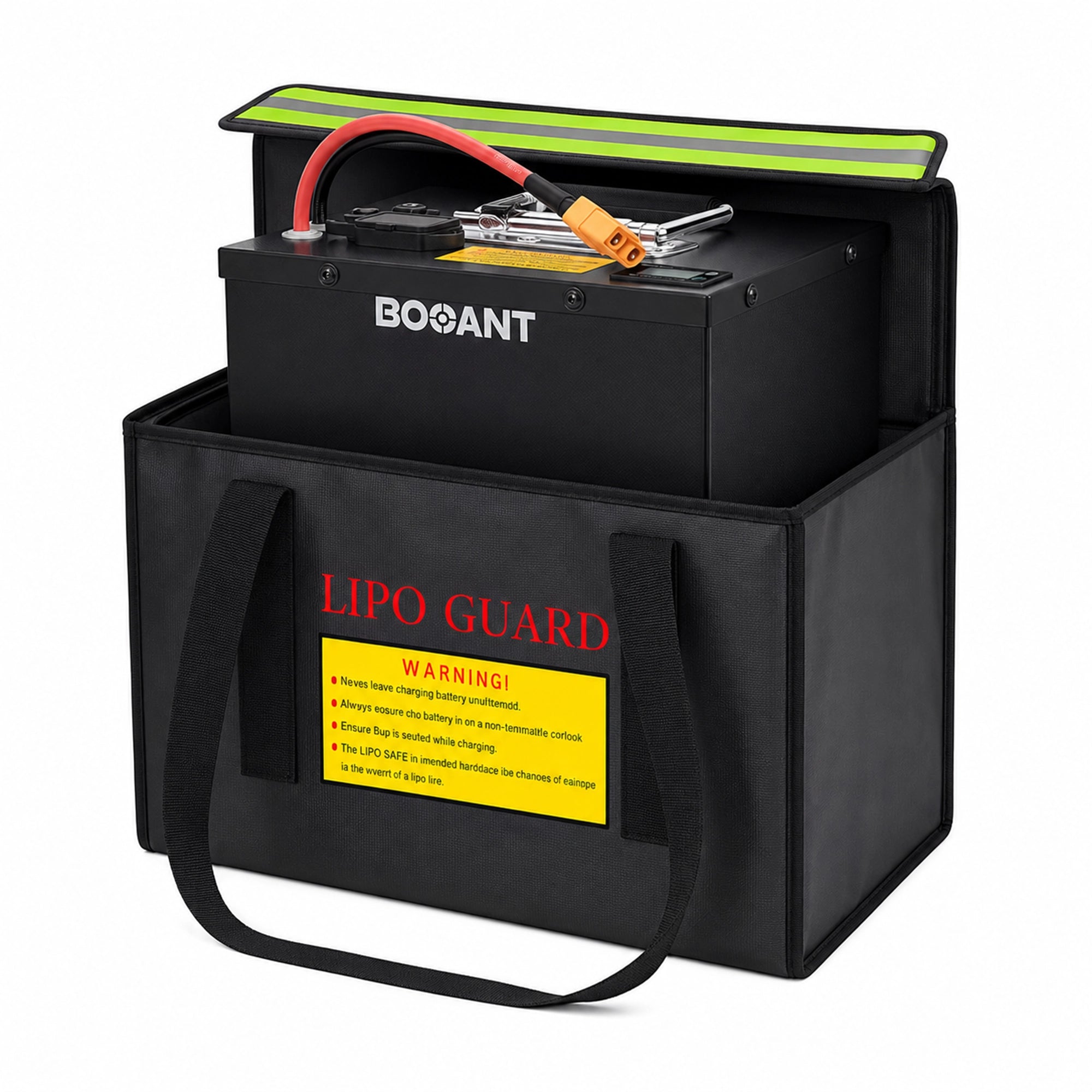BOOANT 48V 50Ah lithium battery stored in a fire-resistant protective battery bag for safer charging, transport and storage
