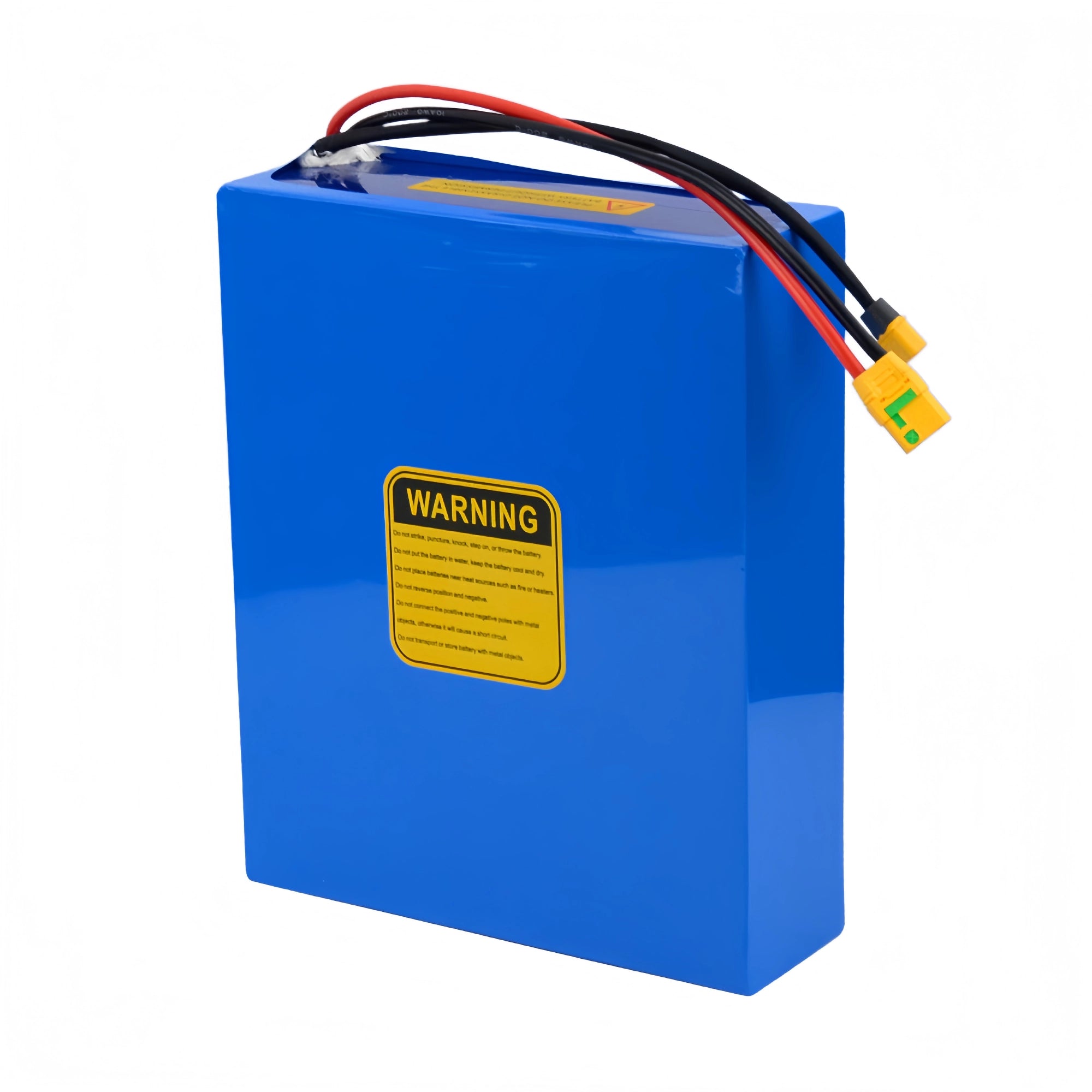 Rear view of BOOANT 60V 40Ah lithium battery pack showing the safety warning label, heavy-duty 10AWG cables, and premium XT90 connectors on a white background.